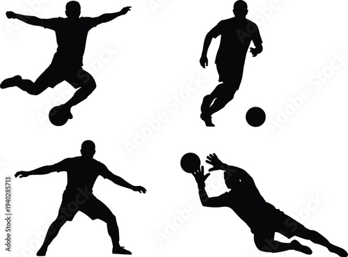 soccer player silhouettes set, football action poses collection, goalkeeper diving save, dribbling kicking player, sports training vector illustration isolated