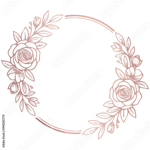 Elegant rose gold floral wreath illustration with a circular frame and copy space.
