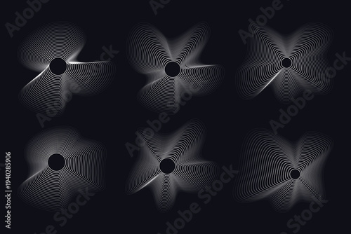 Abstract black and white light rays emanating from central dark circles in a dark background.