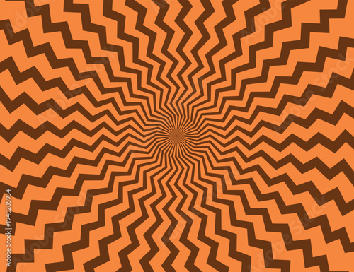 Orange zigzag spiral background. Abstract wavy radial pattern. Retro optical illusion design. Dynamic geometric vortex lines