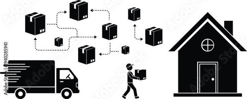 Black silhouette logistics concept showing delivery truck, courier carrying package to a house, and distribution network of boxes on white background.