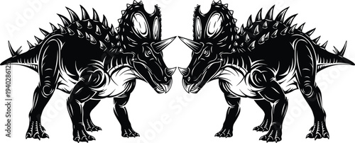 spiked dinosaur, triceratops silhouette, prehistoric creature, horned dinosaur illustration, mirrored dinosaurs, jurassic animal, ancient reptile, black silhouette, vector design