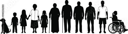 Diverse Community Silhouette Illustration Vector Featuring People of All Ages, Dog, Wheelchair User, Inclusivity Symbol, and Marketplace Success for Creative Projects