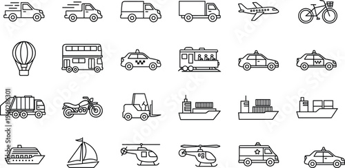 Transport vehicle line icons set with car, truck, bus, airplane, ship, bicycle and helicopter transportation collection illustration