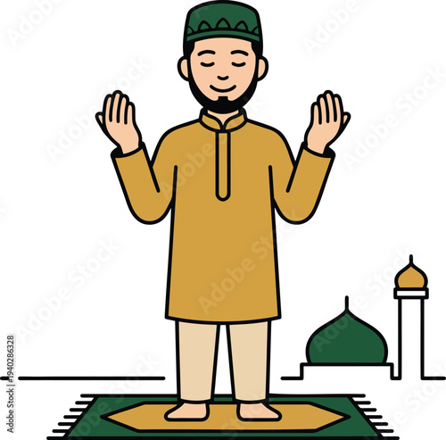 Muslim Man Praying on Prayer Mat with Mosque Silhouette Background