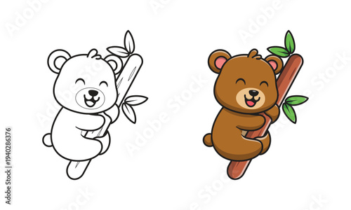 Cute bear on wood cartoon coloring pages for kids