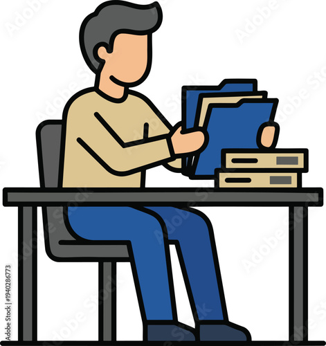 Office employee reading documents flat vector illustration, business paperwork and office work concept cartoon character isolated on white background