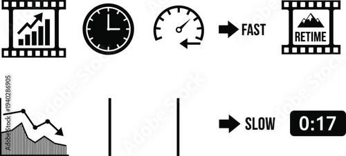 Video editing speed and time management icons set, fast forward slow motion retime performance analytics vector illustration