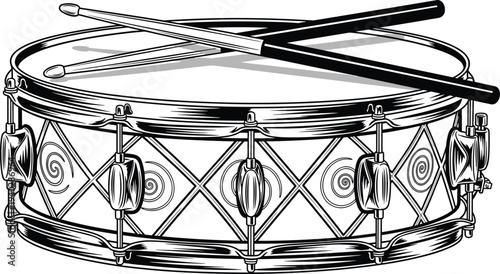 Vintage snare drum with drumsticks illustration, classic percussion instrument engraving style, detailed musical drum line art isolated design