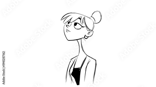 Sad Woman Looking Up with Bun Hairstyle
