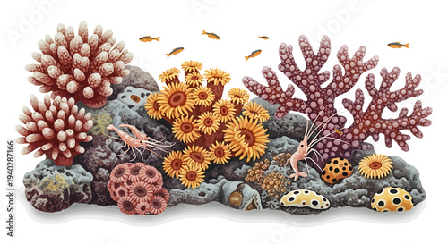 Vibrant Coral Reef Scene with Divers and Fish Underwater, Showcasing Marine Life and Ecosystem