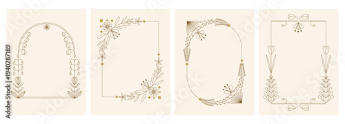 Elegant floral frame illustration set featuring delicate line art flowers, leaves, and botanical ornaments arranged in arch and rectangular borders on neutral backgrounds for invitations, and cards