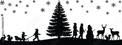 winter landscape silhouette with christmas tree children snowman and forest animals, festive holiday vector illustration snowy scene