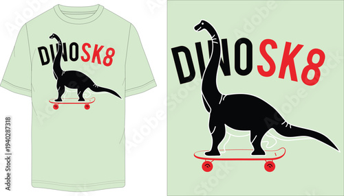Cool Dinosaur Skateboarder T-Shirt Design Vector with Black Brontosaurus Riding Red Skateboard for Apparel and Merchandise