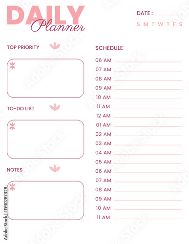 Pink daily schedule template with priority sections, feminine stationary layout for digital planning