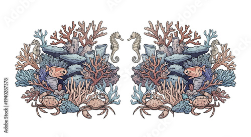 Underwater scene with coral, fish, seahorses, and rocks viewed from a frontal perspective surrounded by ocean plants