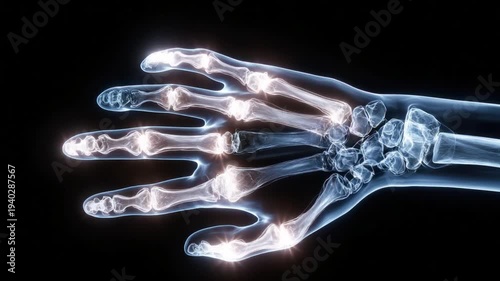 Hand Anatomy Unveiled: An x-ray image reveals the intricate skeletal structure of a human hand, highlighting the joints, bones, and overall anatomical form.