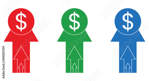 Rising arrow icons with currency symbols, financial success and wealth increase graphics