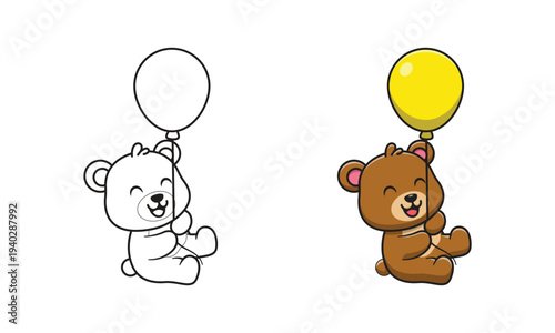 Cute bear holding balloon cartoon coloring pages