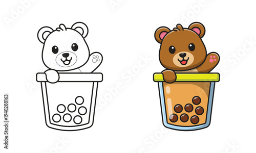Cute bear with bubble tea cartoon coloring pages