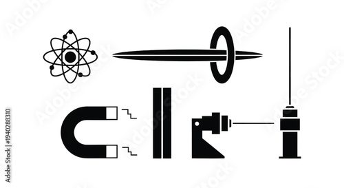 A collection of science and physics symbols on a white background