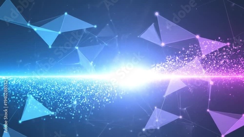 Futuristic digital technology background with glowing particles, polygon shapes, and bright energy light. Modern abstract sci-fi concept representing data connection, artificial intelligence