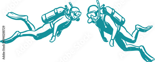 Draw Scuba Diver Set Underwater Diving Marine Adventure Vector Illustration Collection.