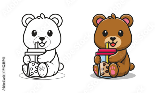 Cute bear with bubble tea cartoon coloring pages