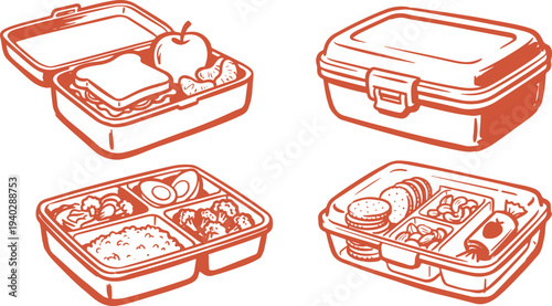 Draw Lunch Box Set School Lunch Container Food Storage Box Vector Illustration Collection.
