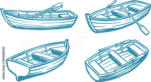 Draw Wooden Row Boat Set Small Fishing Boat Marine Transport Vector Illustration Collection.