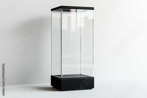Tall glass display case with black metal base and top, standing empty on white surface against plain white background, showcasing modern and clean design