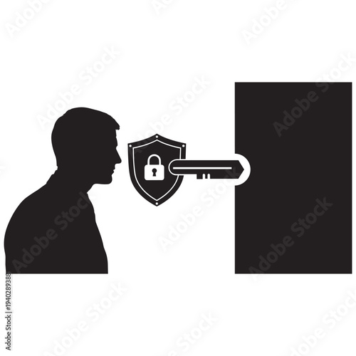 Silhouette of a person using a digital key and shield icon to access a secure system or data protection concept