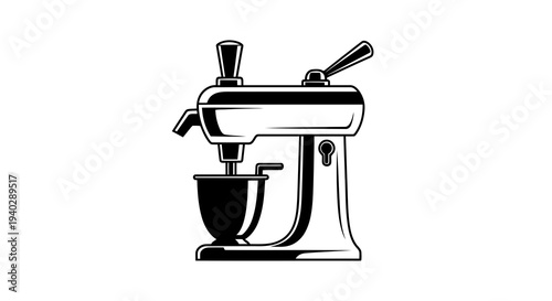 A simple black and white illustration of a stand mixer on a white background.