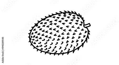 A simple black and white illustration of a durian fruit with spiky exterior.