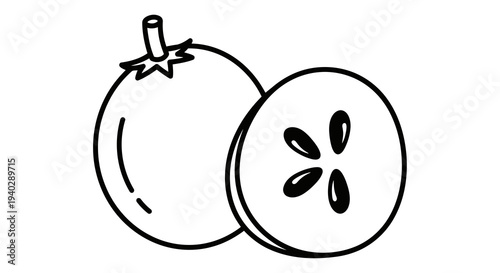 A simple black and white drawing of a fruit cut in half revealing seeds inside.