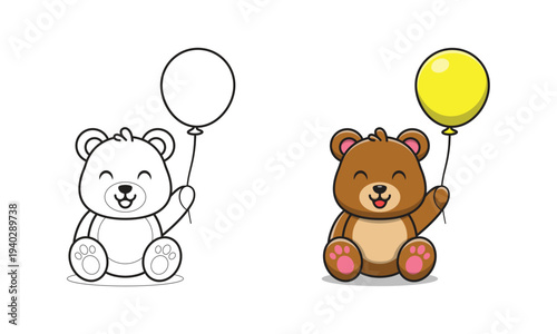Cute bear holding balloon cartoon coloring pages