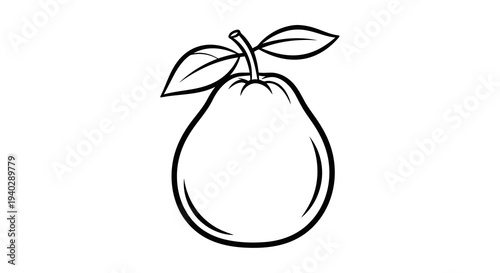 A simple black and white illustration of a pear with leaves.