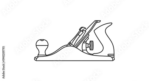 A detailed line drawing of a hand plane on a white background.