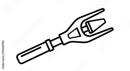 A simple line drawing of a tool with a long handle and forked end on a white background.