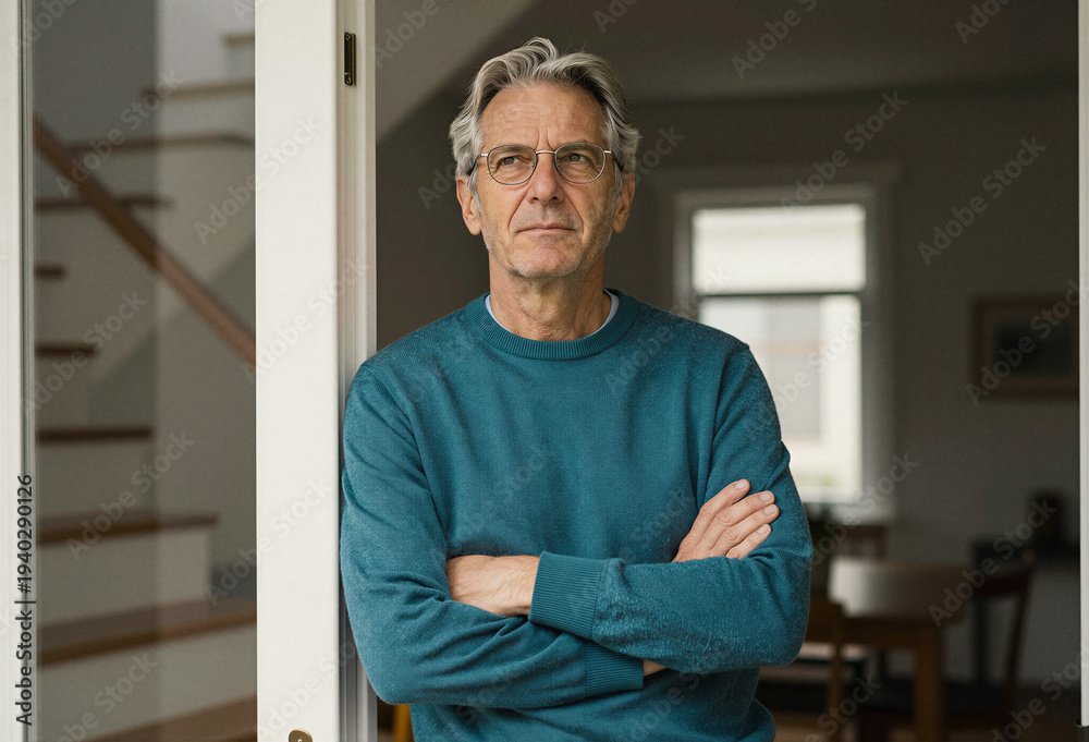 Fototapeta premium Thoughtful Middle Aged Man Standing in Doorway
