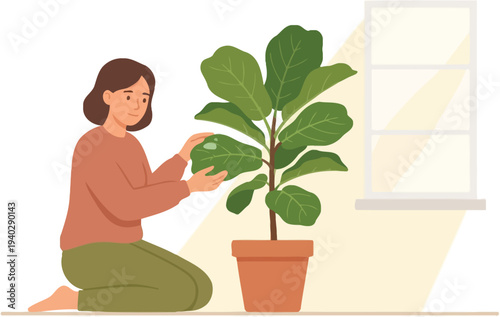 Woman Tending Large Indoor Plant Near Window Vector | Caring for Broad Leaf Houseplant Illustration