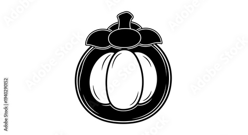 A simple black and white illustration of a pumpkin on a white background.