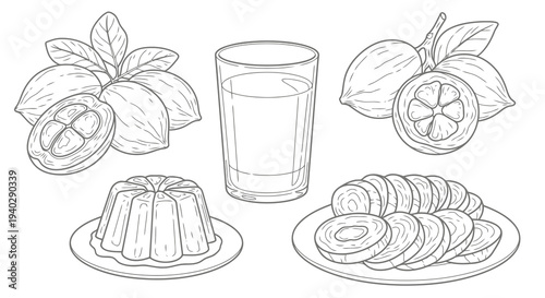 A simple line drawing of food and drink items including fruit and jelly.