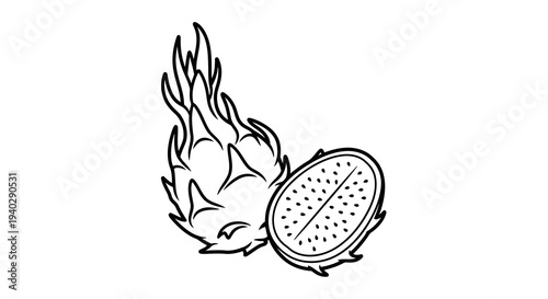 A simple black and white drawing of a kiwi fruit on fire with flames.