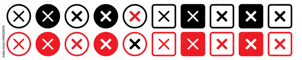 Obraz premium Close icon set in black and red color. close button in round and square shape with filled and outlined.