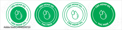 CBD Hemp Oil, THC Free round vector icon set in green color