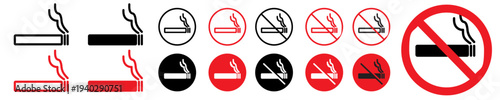No cigarette icon set. smoke ban area sign vector. Stop smoking red and black round label badge on white background