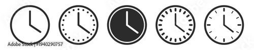 Clock seven icon set. 7 am vector symbol. 7pm time sign in black filled and outlined style.