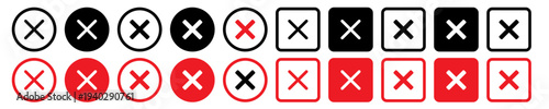 Close icon set in black and red color. close button in round and square shape with filled and outlined.