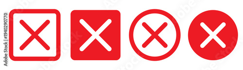 Close icon set in black and red color. close button in round and square shape with filled and outlined.